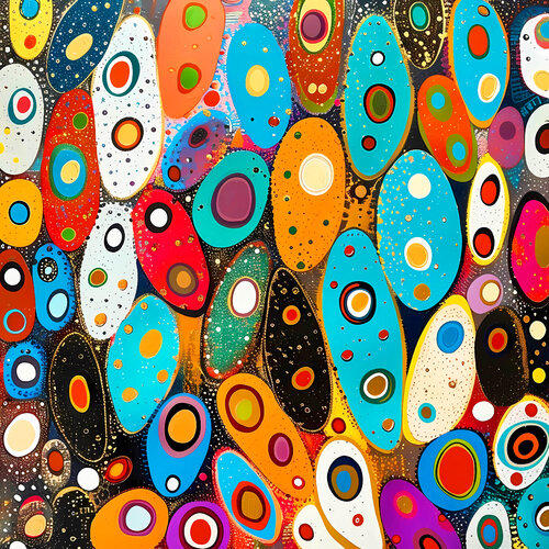 Сolorful red orange blue turquoise ovals and circles - Large positive vibrant colors graphic geometric abstract, bright wall art hanging decor Irina BAST