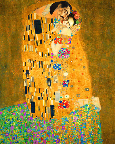 Salvador Dali and Frida Kahlo LOVE couple portrait in the style of Klimt The Kiss. Original art nouveau wall art von Irina BAST, Digital kaufen auf Singulart