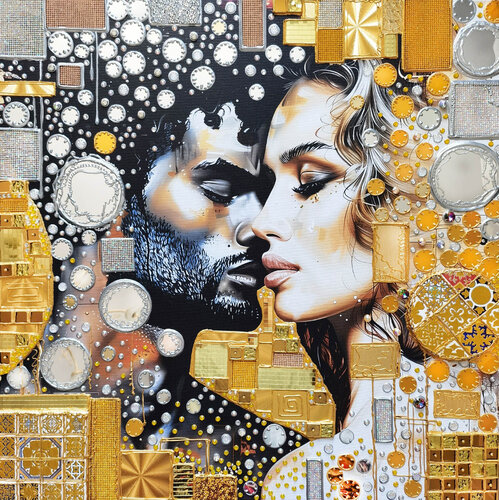 International love - Romantic couple in love. Gold bronze silver abstract man & woman portrait, mosaic wall art. Gift for woman \ wife von Irina BAST, Malerei kaufen auf Singulart
