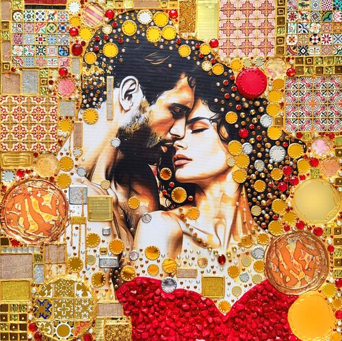 Spanish passion - Romantic couple in love. Bright red gold bronze semi-abstract people portrait. Original man & woman portrait with spanish mosaic and red corals. Unique gift for woman \ wife van Irina BAST, Schilderij te koop op Singulart