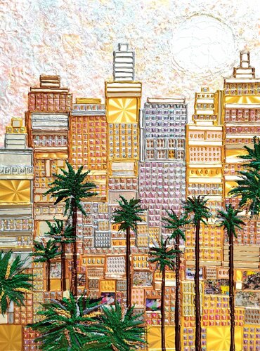 Mirror mosaic mix media painting Sunrise in Los Angeles. Summer California. Bright cityscape with american buildings and palms. Gold silver bronze light pink wall art for home decor van Irina BAST, Schilderij te koop op Singulart