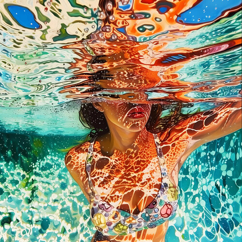 Woman under water in the sea, ocean with blue green turquoise color waves with bright sun glares. Impressionistic artwork. Original painting wall art home decor. Art Gift von Irina BAST, Digital kaufen auf Singulart