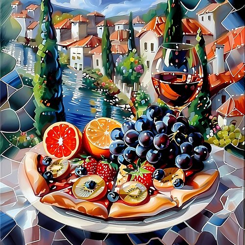 Italian still life with grapes, kiwi, grapefruits, strawberries and red wine. Positive sunny bright colorful landscape wall art for home decor. Art Gift von Irina BAST, Digital kaufen auf Singulart