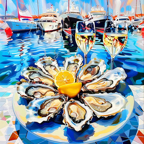 Chic still life with oysters, lemons and white wine. Rich luxury vacation holiday on the seaside beach with yachts ships. Positive relax sunny bright colorful wall art for marine home decor. Art Gift von Irina BAST, Digital kaufen auf Singulart