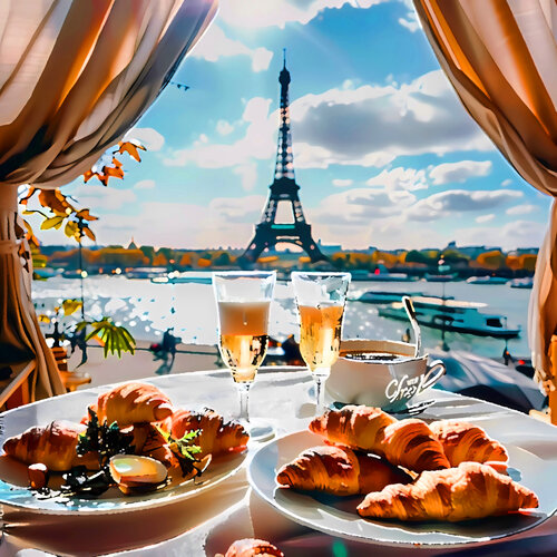 Paris still life. Eiffel Tower, Seine River. Coffee and croissants. French cityscape. Bright impressionistic colorful hanging large positive fine wall art Irina BAST