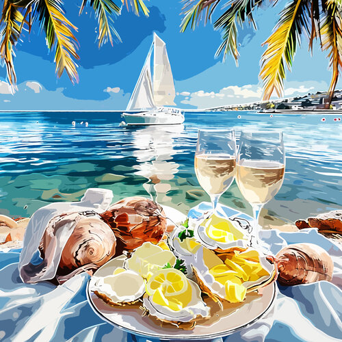 Tropical still life. Chic rich luxury vacation holiday in the sea ocean. Positive relax sunny bright colorful wall art for marine home decor. Art Gift by Irina BAST, Digital for Sale on Singulart