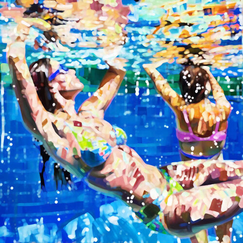 Women in the swimming pool. Contemporary impressionistic artwork. Sunny holiday summer fun positive mood wall art  for home decor by Irina BAST, Digital for Sale on Singulart