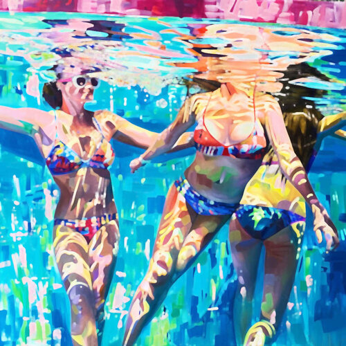 Women in the swimming pool. Contemporary impressionistic artwork. Sunny holiday summer fun positive mood wall art  for home decor von Irina BAST, Digital kaufen auf Singulart