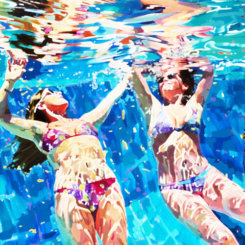 Women in the swimming pool. Contemporary impressionistic artwork. Sunny holiday summer fun positive mood wall art  for home decor by Irina BAST, Digital for Sale on Singulart