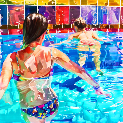 Women in the swimming pool. Contemporary impressionistic artwork. Sunny holiday summer fun positive mood wall art  for home decor by Irina BAST, Digital for Sale on Singulart