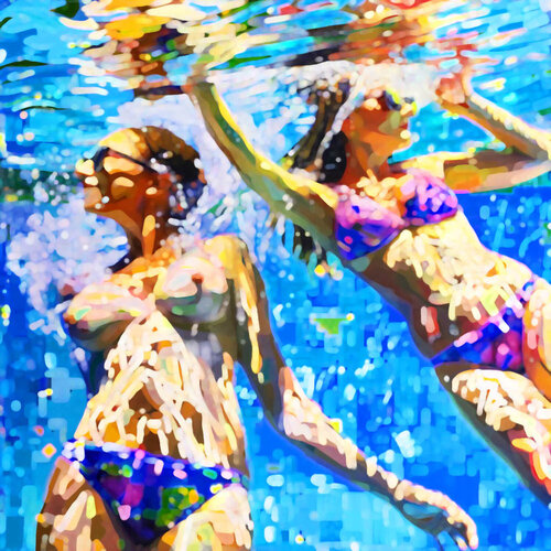 Women in the swimming pool. Contemporary impressionistic artwork. Sunny holiday summer fun positive mood wall art  for home decor von Irina BAST, Digital kaufen auf Singulart