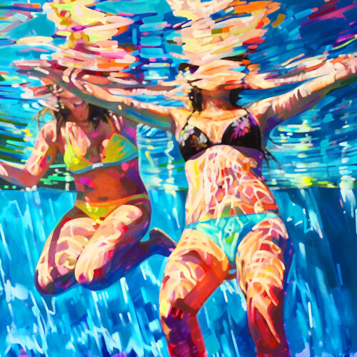 Women in the swimming pool. Contemporary impressionistic artwork. Sunny holiday summer fun positive mood wall art  for home decor by Irina BAST, Digital for Sale on Singulart