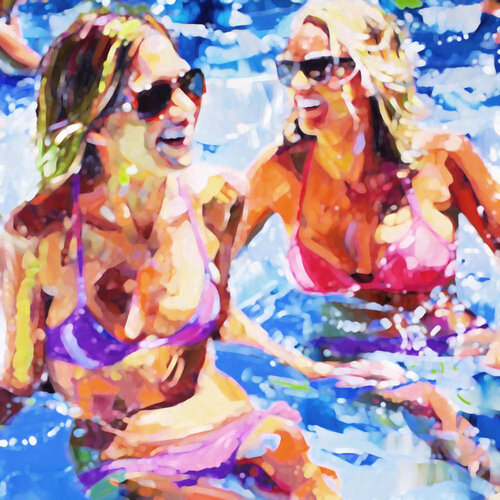Women in the swimming pool. Contemporary impressionistic artwork. Sunny holiday summer fun positive mood wall art  for home decor by Irina BAST, Digital for Sale on Singulart