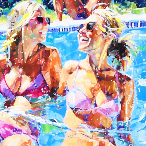 Women in the swimming pool. Contemporary impressionistic artwork. Sunny holiday summer fun positive mood wall art  for home decor by Irina BAST, Digital for Sale on Singulart