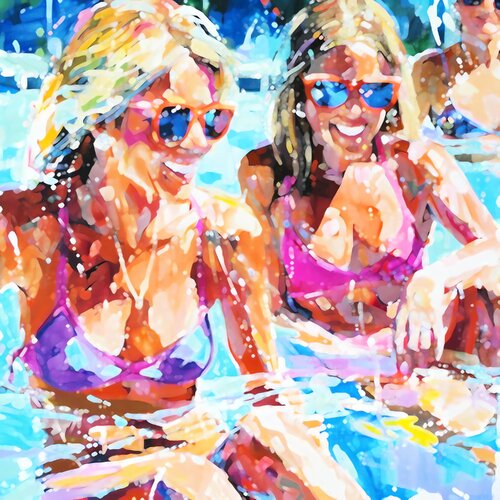 Women in the swimming pool. Contemporary impressionistic artwork. Sunny holiday summer fun positive mood wall art  for home decor by Irina BAST, Digital for Sale on Singulart