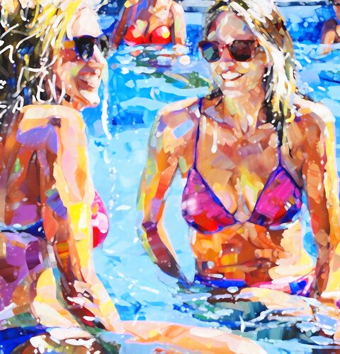 Women in the swimming pool. Contemporary impressionistic artwork. Sunny holiday summer fun positive mood wall art  for home decor by Irina BAST, Digital for Sale on Singulart