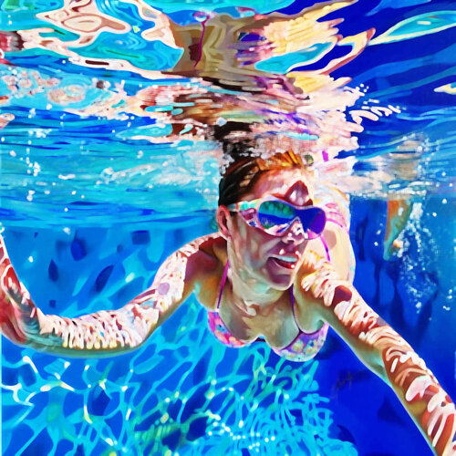 Women in the swimming pool. Contemporary impressionistic artwork. Sunny holiday summer fun positive mood wall art  for home decor by Irina BAST, Digital for Sale on Singulart