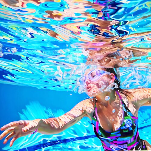 Woman in the swimming pool. Contemporary impressionistic artwork. Sunny holiday summer fun positive mood wall art  for home decor by Irina BAST, Digital for Sale on Singulart