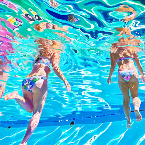 Women in the swimming pool. Contemporary impressionistic artwork. Sunny holiday summer fun positive mood wall art  for home decor von Irina BAST, Digital kaufen auf Singulart