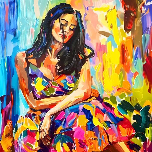 Beautiful brunette woman in colorful dress. Vivid fauvism style artwork, inspired by Matisse. Happy bright colors expressionistic portrait von Irina BAST, Druck kaufen auf Singulart