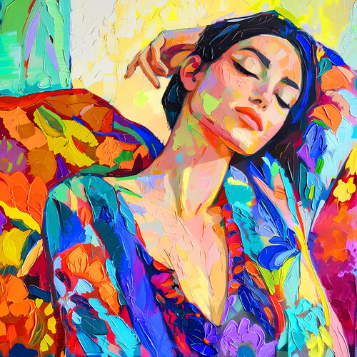Dreaming beautiful brunette woman in colorful dress. Vivid fauvism style artwork, inspired by Matisse. Happy bright colors expressionistic portrait Irina BAST