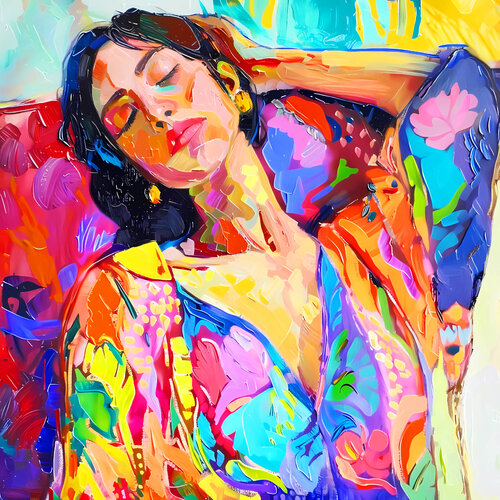 Dreaming beautiful brunette woman in colorful dress. Vivid fauvism style artwork, inspired by Matisse. Happy bright colors expressionistic portrait van Irina BAST, Afdruk te koop op Singulart