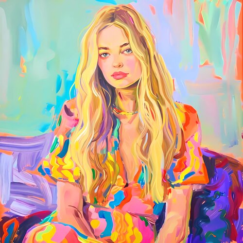 Beautiful blonde woman in colorful dress. Vivid fauvism style artwork, inspired by Matisse. Happy bright colors expressionistic portrait von Irina BAST, Druck kaufen auf Singulart