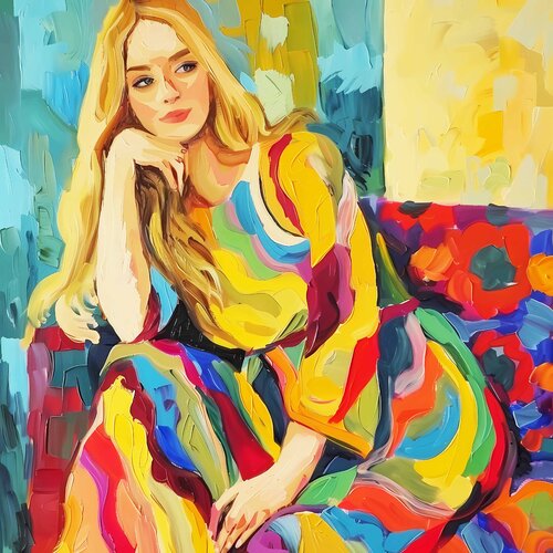 Beautiful blonde woman in colorful dress. Vivid fauvism style artwork, inspired by Matisse. Happy bright colors expressionistic portrait von Irina BAST, Druck kaufen auf Singulart