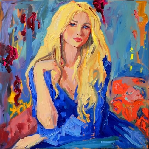 Beautiful flirty blonde woman in blue dress. Vivid fauvism style artwork, inspired by Matisse. Happy bright colors expressionistic portrait Irina BAST