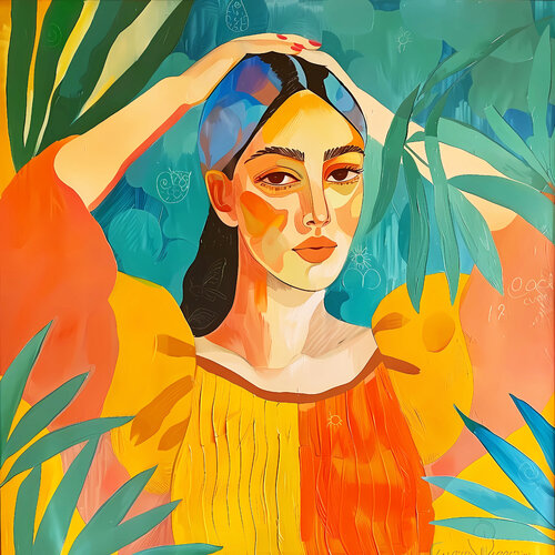 Woman in dreamy mood. Vivid fauvism style artwork, inspired by Matisse. Happy bright colors expressionistic portrait van Irina BAST, Afdruk te koop op Singulart