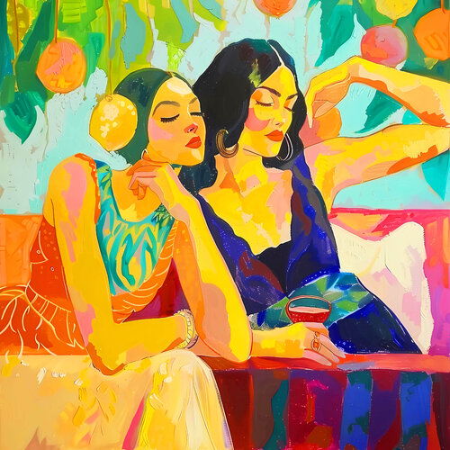 Friends. Women in art deco and decadence style. Colorful fauvism Matisse inspired art Irina BAST
