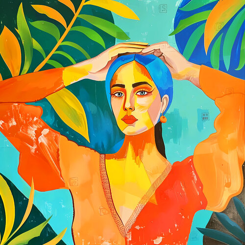 Woman in dreamy mood. Vivid fauvism style artwork, inspired by Matisse. Happy bright colors expressionistic portrait di Irina BAST, Digitale in vendita su Singulart