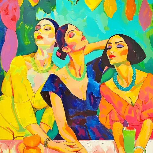 Friends. Women in art deco and decadence style. Colorful fauvism Matisse inspired art von Irina BAST, Druck kaufen auf Singulart