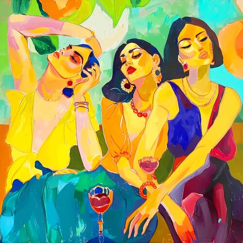 The last glass of wine was too much. Women in art deco and decadence style. Colorful fauvism Matisse inspired art van Irina BAST, Afdruk te koop op Singulart