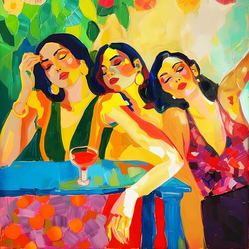 We drank too much wine - Women in art deco and decadence style. Colorful fauvism Matisse inspired art de Irina BAST, Impresión a la venta en Singulart