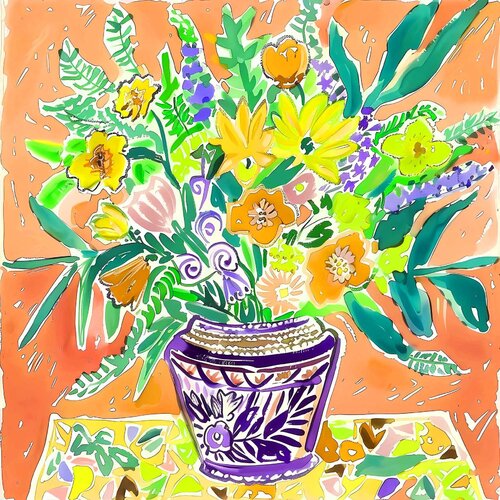 Spring flowers in purple vase in fine art naive style - aesthetic colorful wall art in watercolour style. Bright colors positive mood art Matisse inspired by Irina BAST, 版畫 for Sale on Singulart