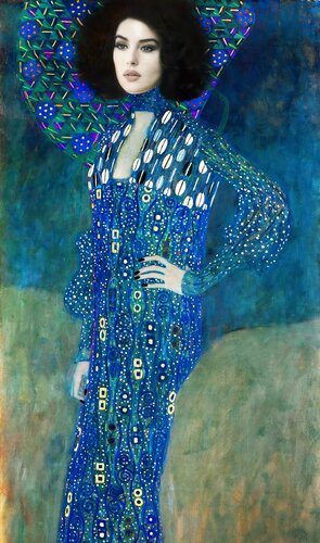 Woman in blue dress. Monica Bellucci from "Malena" with style of Gustav Klimt von Irina BAST, Druck kaufen auf Singulart