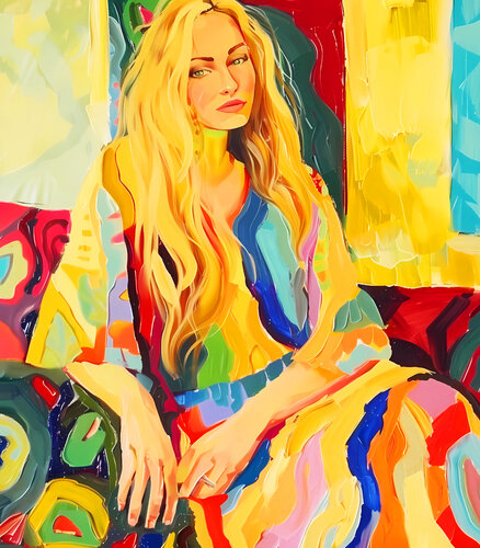 Thoughtful beautiful blonde woman in colorful dress. Vivid fauvism style artwork, inspired by Matisse. Happy bright colors expressionistic portrait di Irina BAST, Stampa in vendita su Singulart