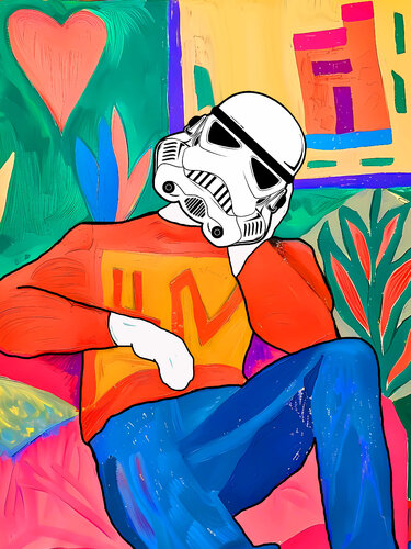 Funny humor pop art portrait in Matisse style Imperial Stormtrooper. Star Wars van Irina BAST, Afdruk te koop op Singulart
