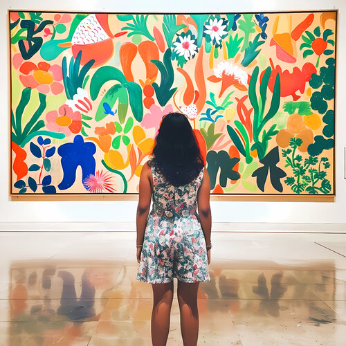 Woman in museum with Matisse style painting - aesthetic colorful wall art, faceless portrait female woman art von Irina BAST, Digital kaufen auf Singulart