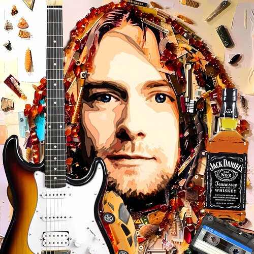 Kurt Cobain Nirvana - expressionist celebrity portrait. Punk rock american singer rock band grunge music alternative rock art di Irina BAST, Stampa in vendita su Singulart