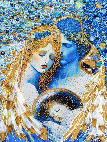 Guardian Angel. Talisman of kindness and love. Family amulet.  Beautiful acrylic & oil painting with precious stones van Irina BAST, Schilderij te koop op Singulart