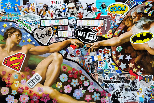 The Creation of Adam Michelangelo Buonarroti. Eclectic symbiosis modern pop culture with Banksy Disney graffiti by Irina BAST, Work on Paper for Sale on Singulart