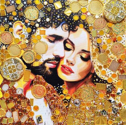 Love original painting. Golden decorative artwork with gold leaf and spanish mosaic. Gift for woman \ wife van Irina BAST, Schilderij te koop op Singulart