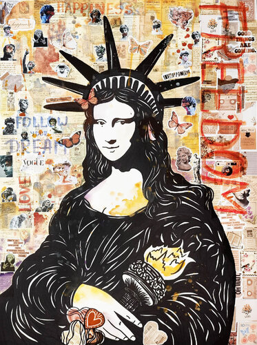 Mona Lisa Leonardo da Vinci and american Statue of Liberty in New York, vintage collage, antique images in modern pop culture style with graffiti elements von Irina BAST, Werk auf Papier kaufen auf Singulart