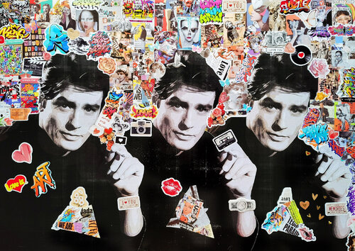Alain Delon -  famous french actor sex symbol male portrait. Movie star vintage collage in modern pop culture style with graffiti elements by Irina BAST, Work on Paper for Sale on Singulart