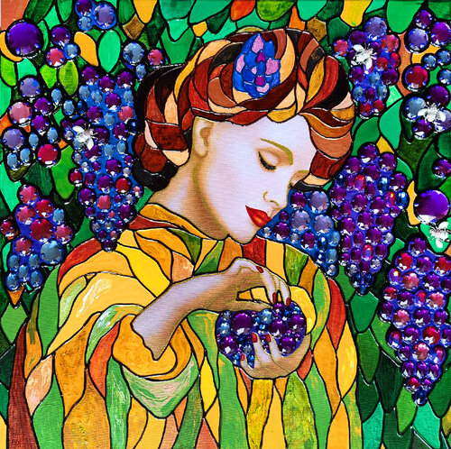 Beautiful woman and grape. Fairytale fantasy stained glass style art, Renaissance, Art nouveau, Art deco, bohemian art par Irina BAST, Peinture en vente sur Singulart