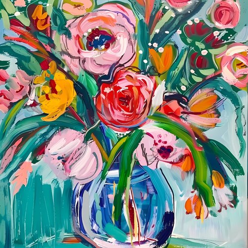 Bouquet of peonies in vase. Colorful wall art in expressionism style. Bright colors flowers, positive mood art, inspired by Matisse by Irina BAST, Print for Sale on Singulart