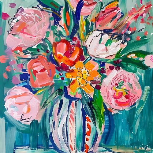 Bouquet of peonies in antique vase. Colorful wall art in expressionism style. Bright colors flowers, positive mood art, inspired by Matisse Irina BAST