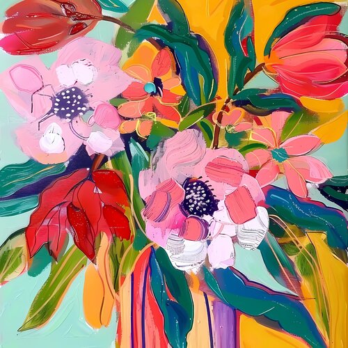 Matisse style vibrant pink peonies and red tulips. Bright colors abstract flowers in vase Irina BAST